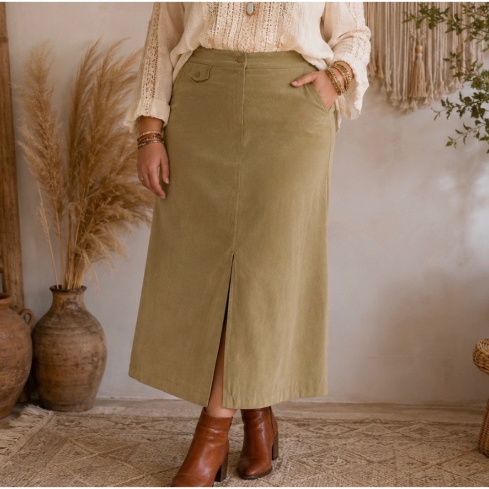 Vtg Denim & Co Womens Faux Suede Midi Skirt Plus 1X A-Line Tan Boho Chic Career